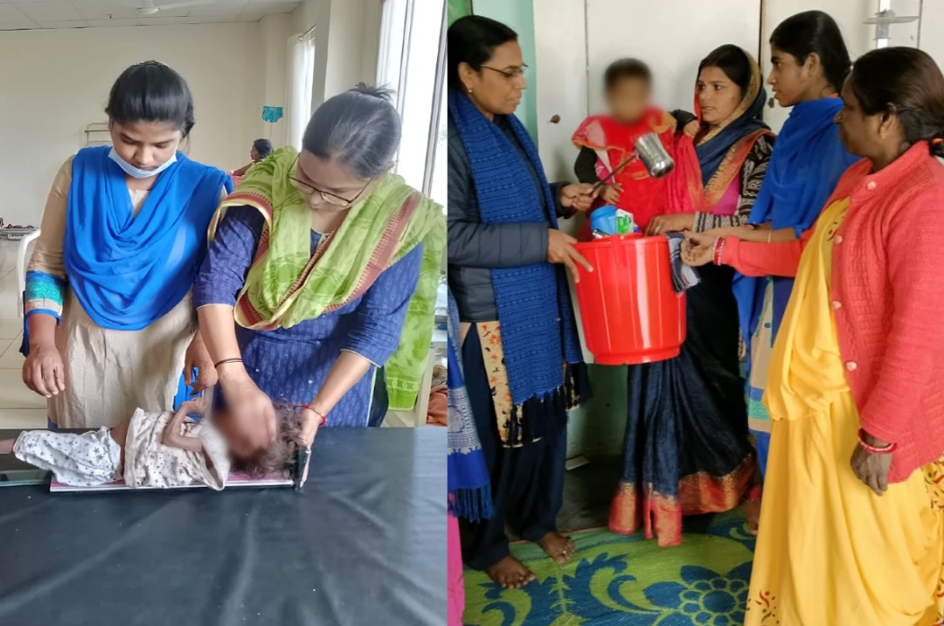 Adani Foundation team giving children screening and wash kit