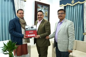 Upendra Rai, Chairman, MD and Editor-in-Chief, Bharat Express News Network and Pushkar Singh Dhami, Chief Minister of Uttarakhand