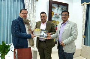Upendra Rai, Chairman, MD and Editor-in-Chief, Bharat Express News Network and Pushkar Singh Dhami, Chief Minister of Uttarakhand