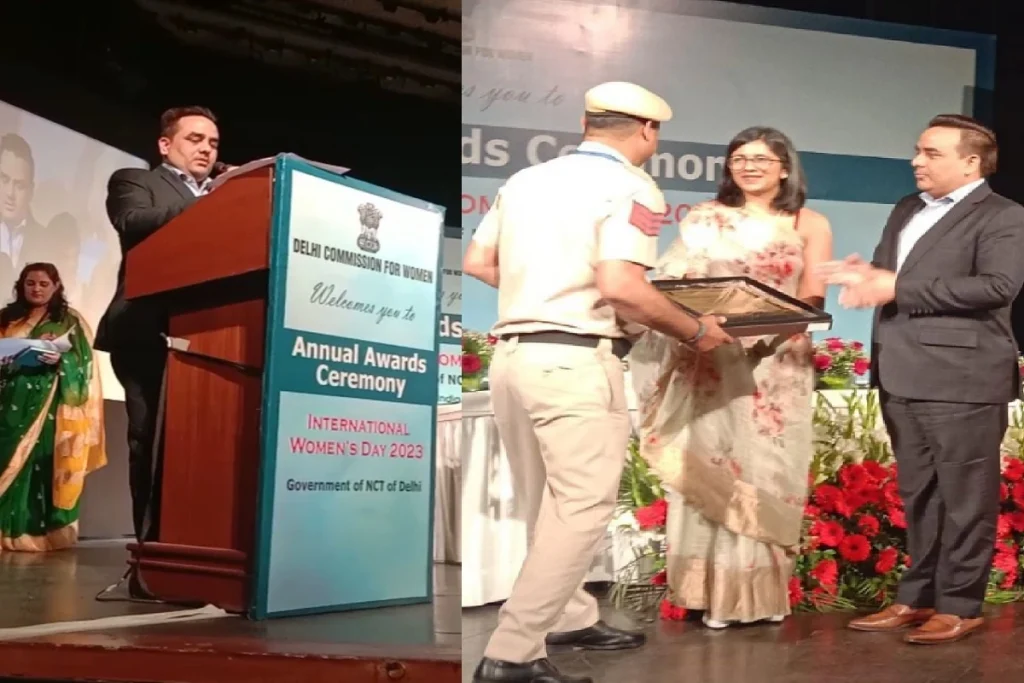 (DCW)Swati Maliwal and Bharat Express Chairman and Editor-in-Chief Upendra Rai at Delhi Commission at Women's International Women's Day Awards ceremony(DCW)