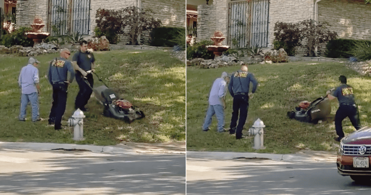 Viral: Firefighters Assist 95-Year-Old Man In Mowing His Lawn